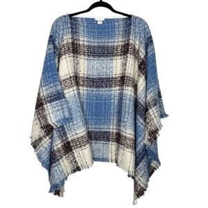 J.JILL / blue brown cream plaid oversized blanket sweater poncho / S-L